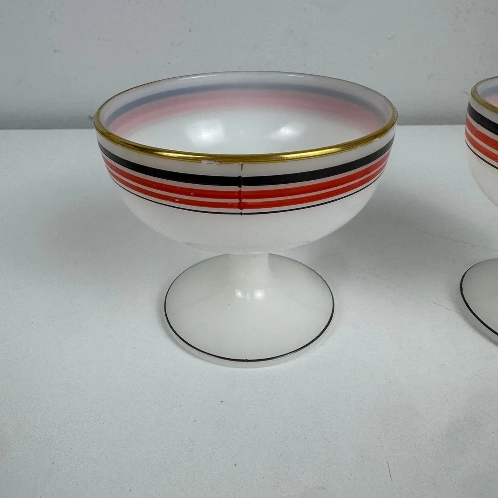 Vtg Platonite MCM Dessert Bowls Red Black Gold Striped Footed Sherbet Set of 2‎